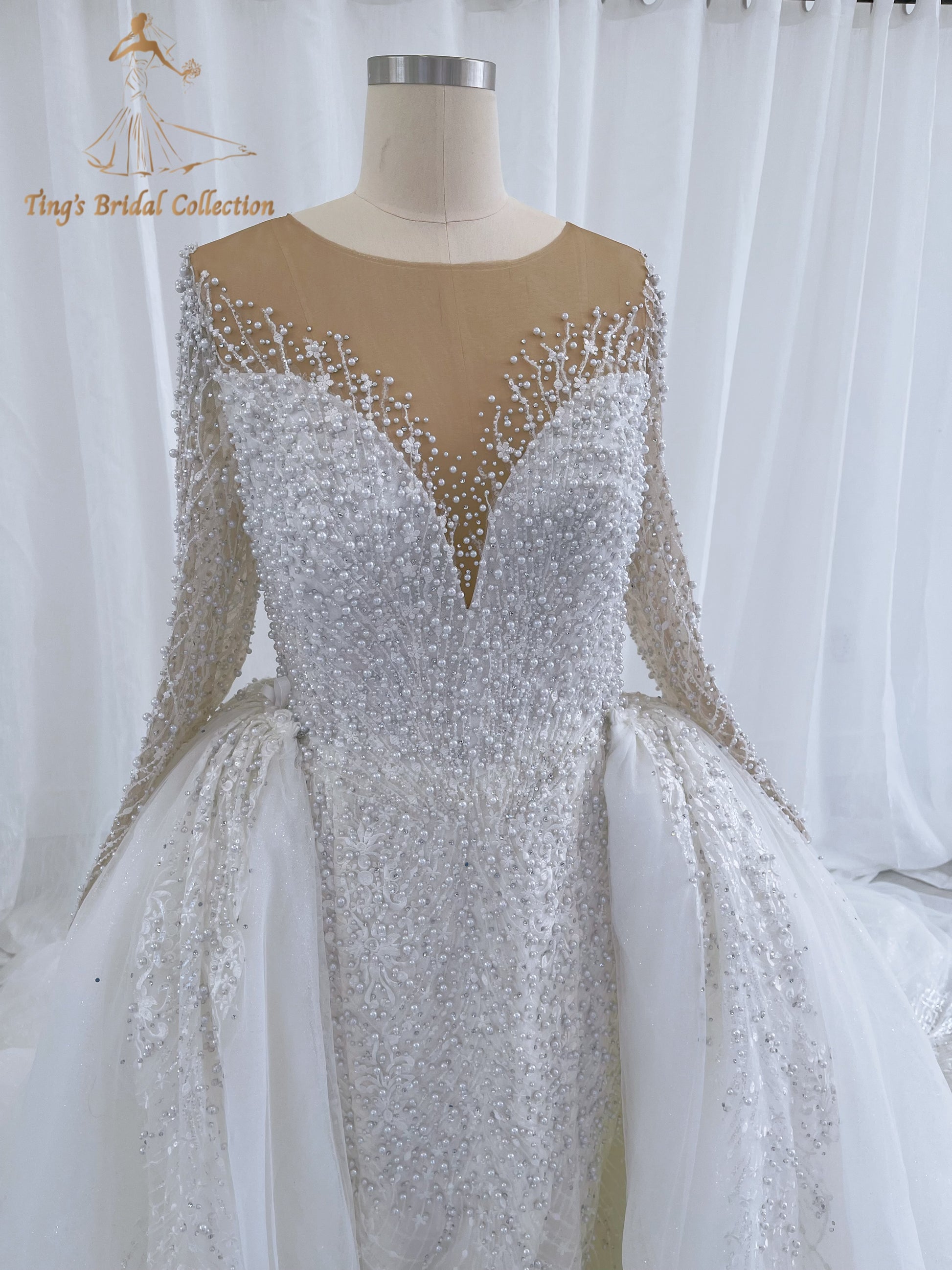 TBC-CM50 Custom-made Pearl with lace ivory long sleeve 2in1 mermaid with detachable skirt - Ting's Bridal Collection