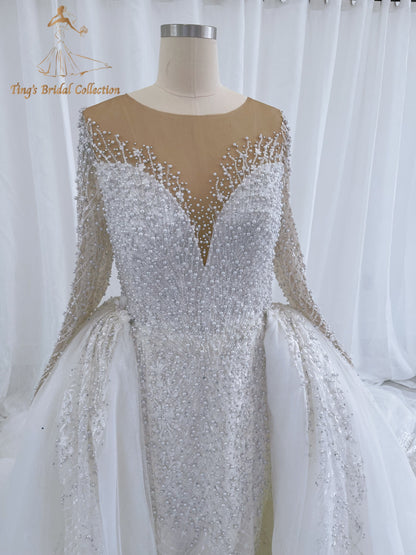 TBC-CM50 Custom-made Pearl with lace ivory long sleeve 2in1 mermaid with detachable skirt - Ting's Bridal Collection