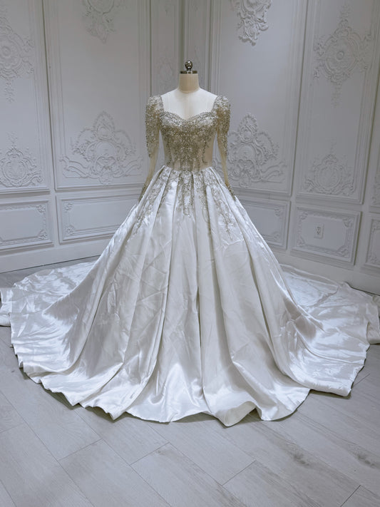 Stock Clearance! Bridal size 6! Beading lace long sleeve satin ballgown wedding dress - Ting's Bridal Collection