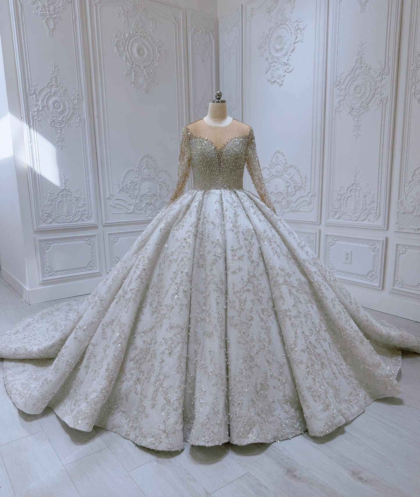 TBC-CM52 Custom-made luxury crystal with beading lace long sleeve sparkling princess ballgown royal wedding dress - Ting's Bridal Collection