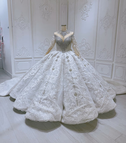 Stock Clearance! Bridal Size 12! Luxury crystal beaded with lace embroidered sparkling long sleeve high neck royal wedding dress - Ting's Bridal Collection