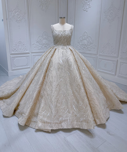 Custom-made luxury beading square neck sparkling princess ballgown royal wedding dress - Ting's Bridal Collection