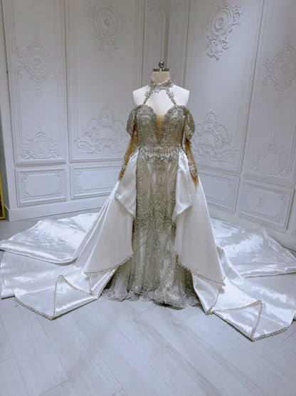 TBC-NZ2029 Stock of Luxury fully beaded off the shoulder mermaid wedding dress with detachable satin skirt. - Ting's Bridal Collection