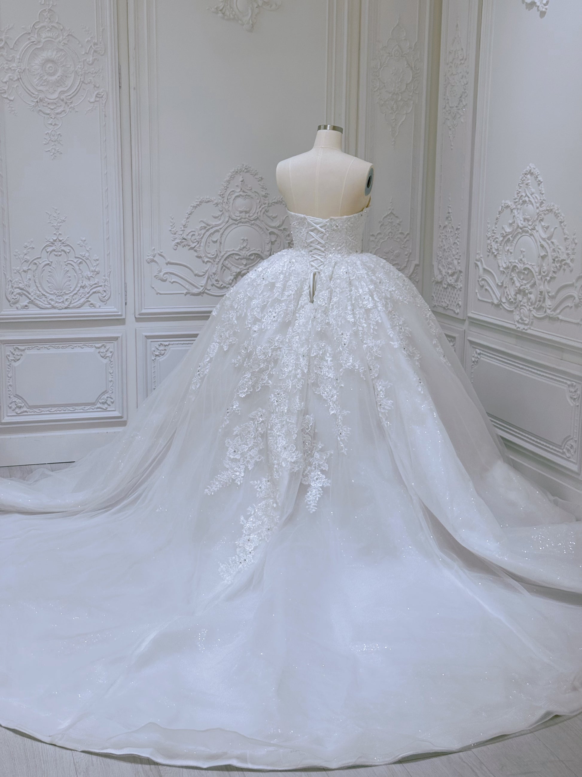 Stock Clearance! Bridal size 12! White floral lace embroidered high neck long sleeve princess ballgown royal wedding dress - Ting's Bridal Collection