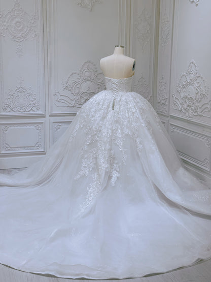 Stock Clearance! Bridal size 12! White floral lace embroidered high neck long sleeve princess ballgown royal wedding dress - Ting's Bridal Collection