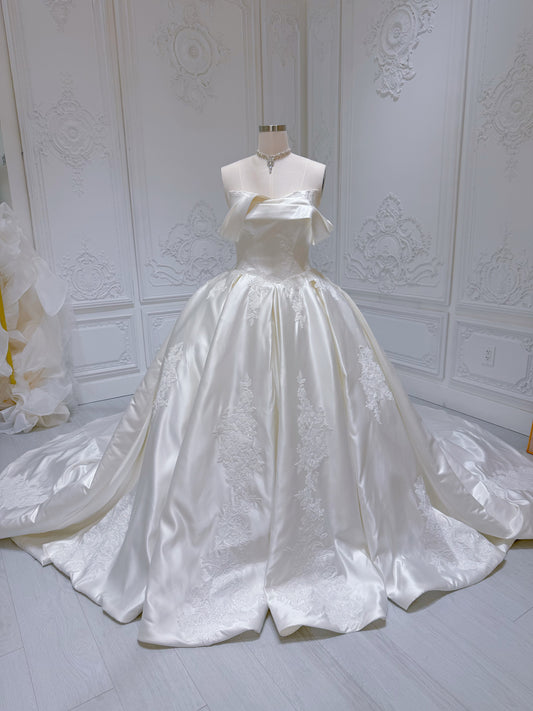 TBC-MB097 Custom-made lace embroidered off the shoulder ivory satin ballgown wedding dress - Ting's Bridal Collection