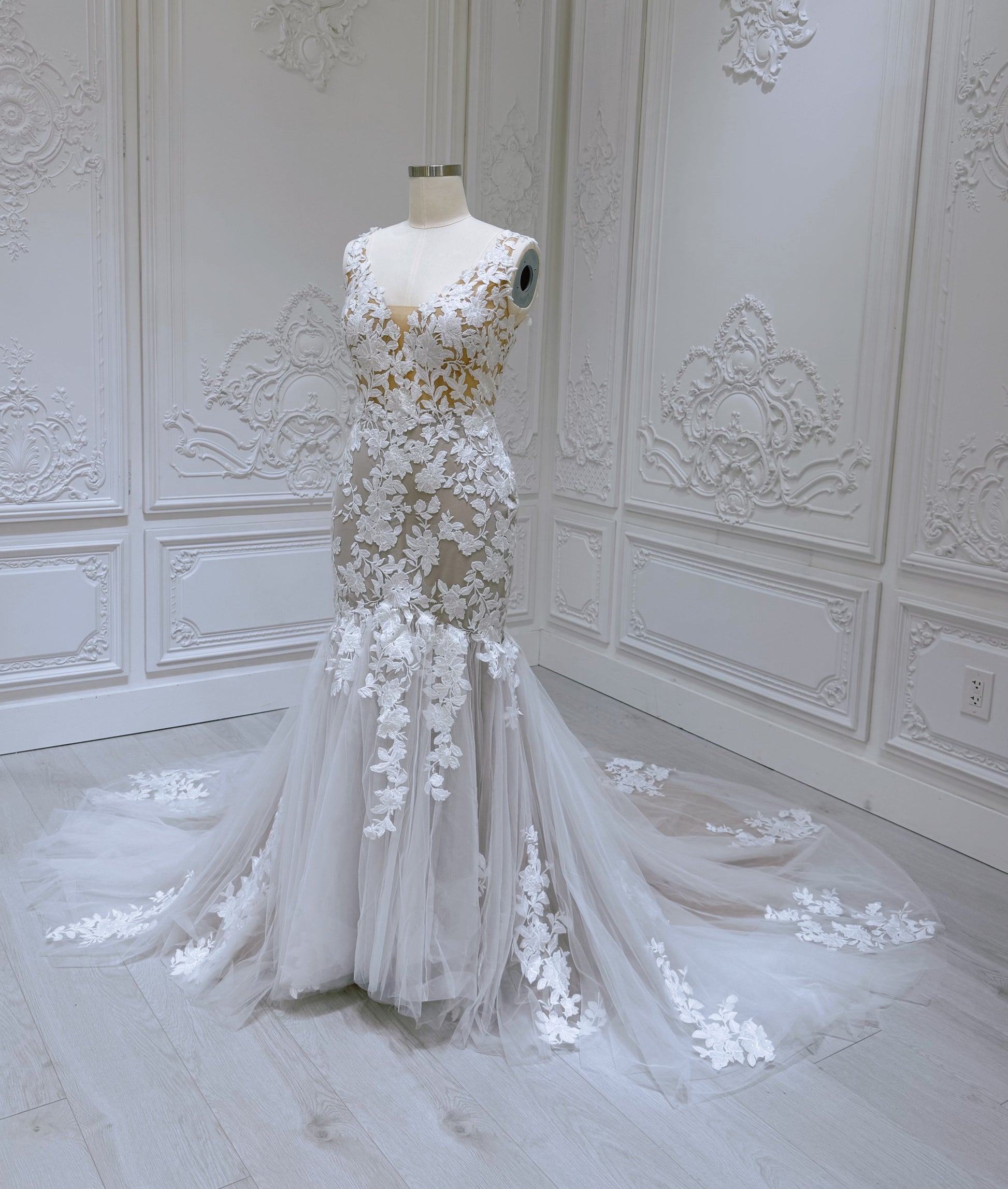 TBC-A017 Made to order lace mermaid champagne wedding dress - Ting's Bridal Collection