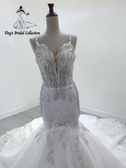 TBC-JM064 Custom-made beading spaghetti strap low back mermaid wedding dress