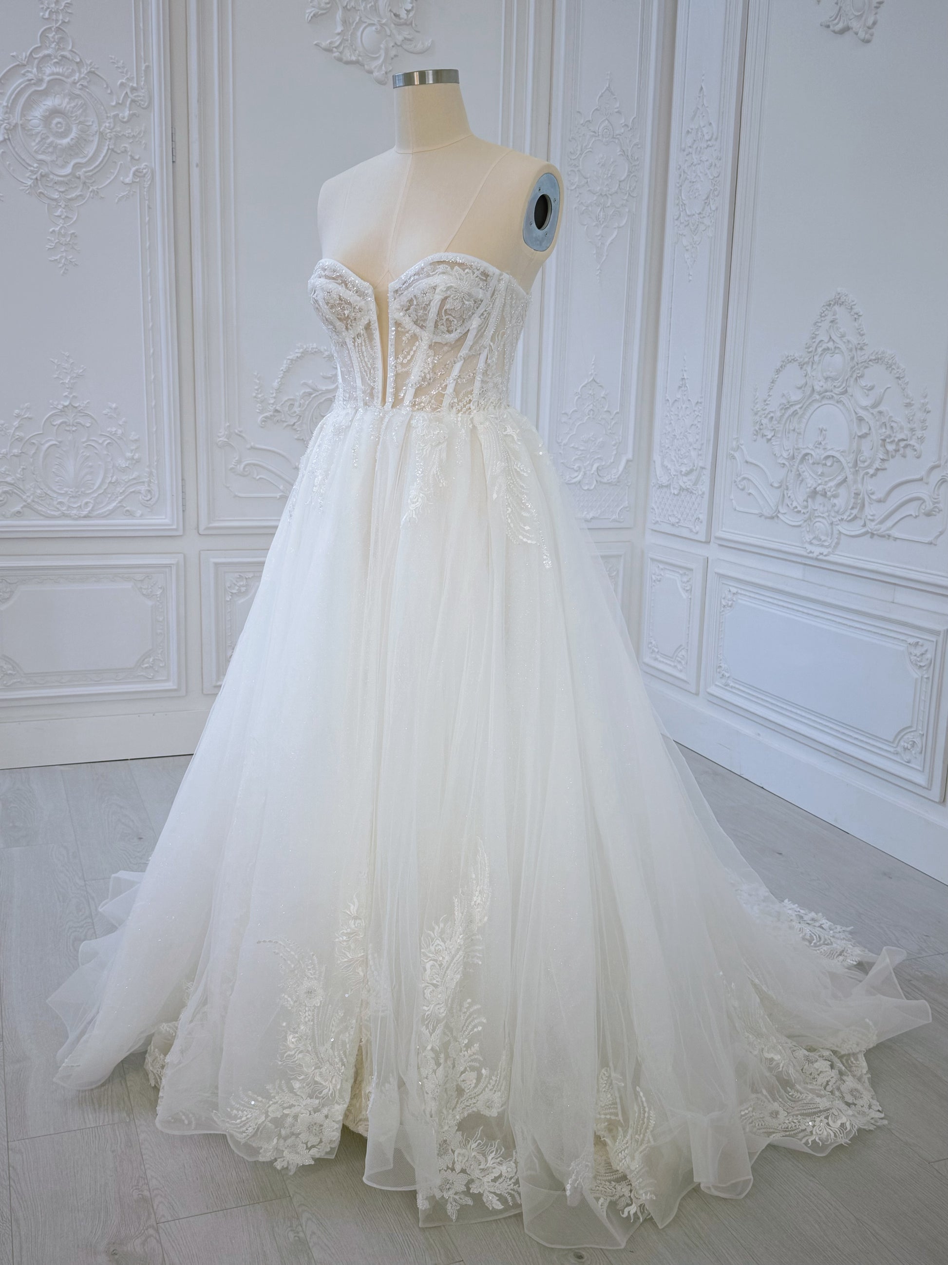 TBC-CM36 Custom-made lace embroidered strapless Aline wedding dress with split skirt - Ting's Bridal Collection