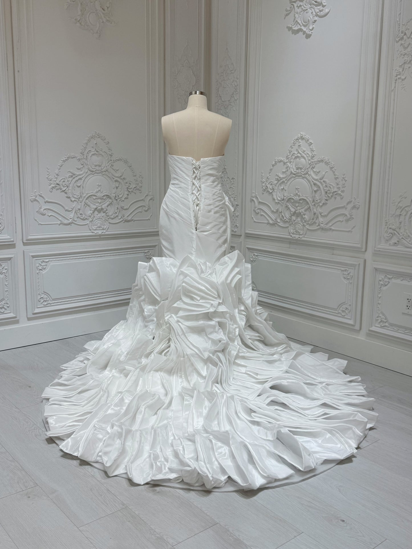 Stock clearance Bridal size 14! White satin pleated mermaid wedding dress with ruffled skirt - Ting's Bridal Collection
