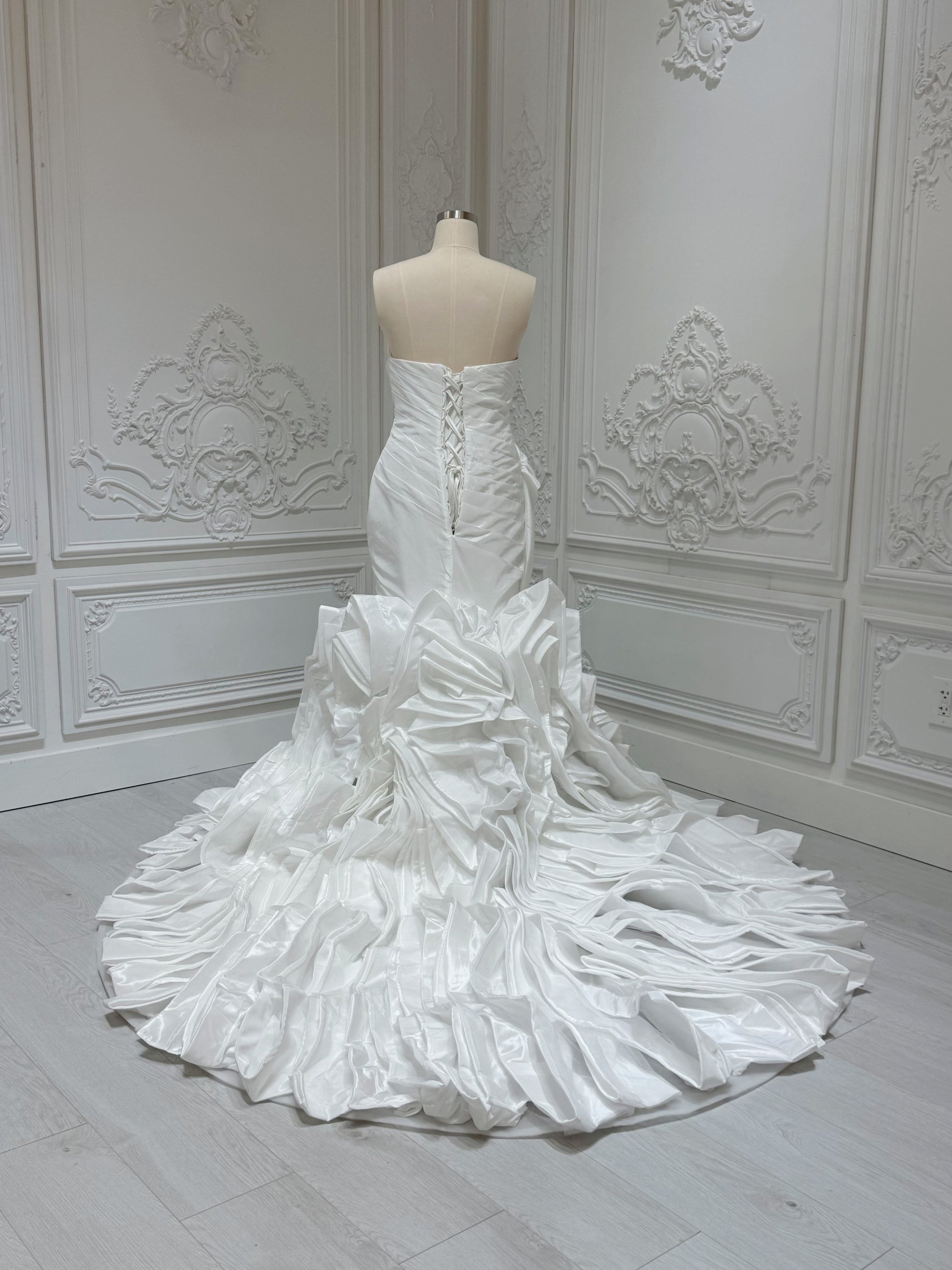 Stock clearance Bridal size 14! White satin pleated mermaid wedding dress with ruffled skirt - Ting's Bridal Collection