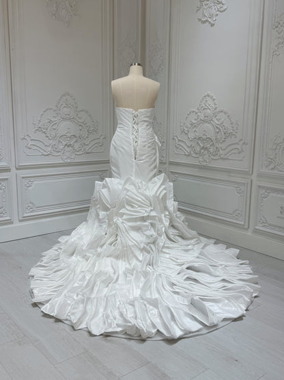 Stock clearance Bridal size 14! White satin pleated mermaid wedding dress with ruffled skirt - Ting's Bridal Collection
