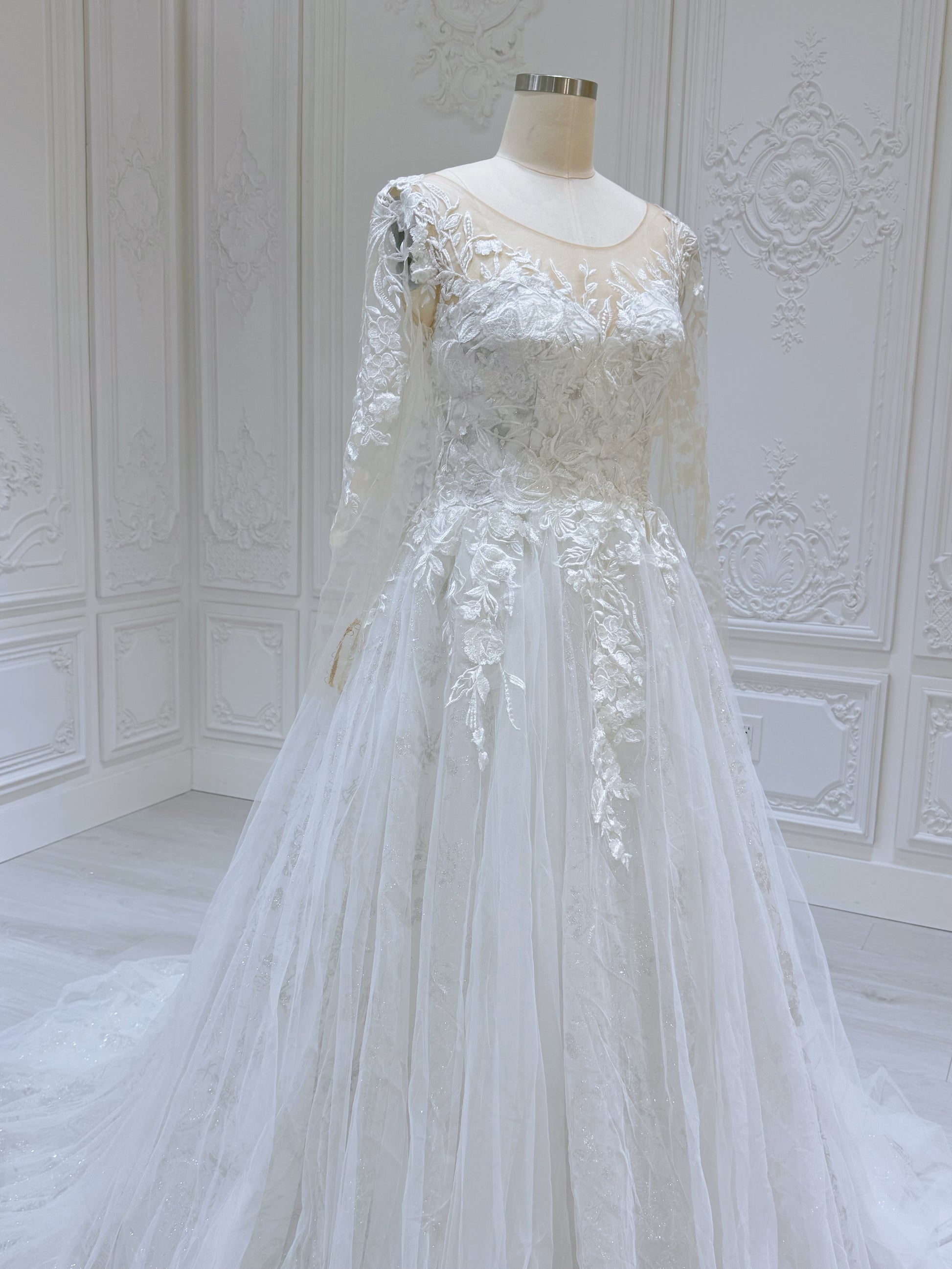 TBC-CM53 Custom-made off white lace embroidered sparkling long sleeve Aline wedding dress - Ting's Bridal Collection