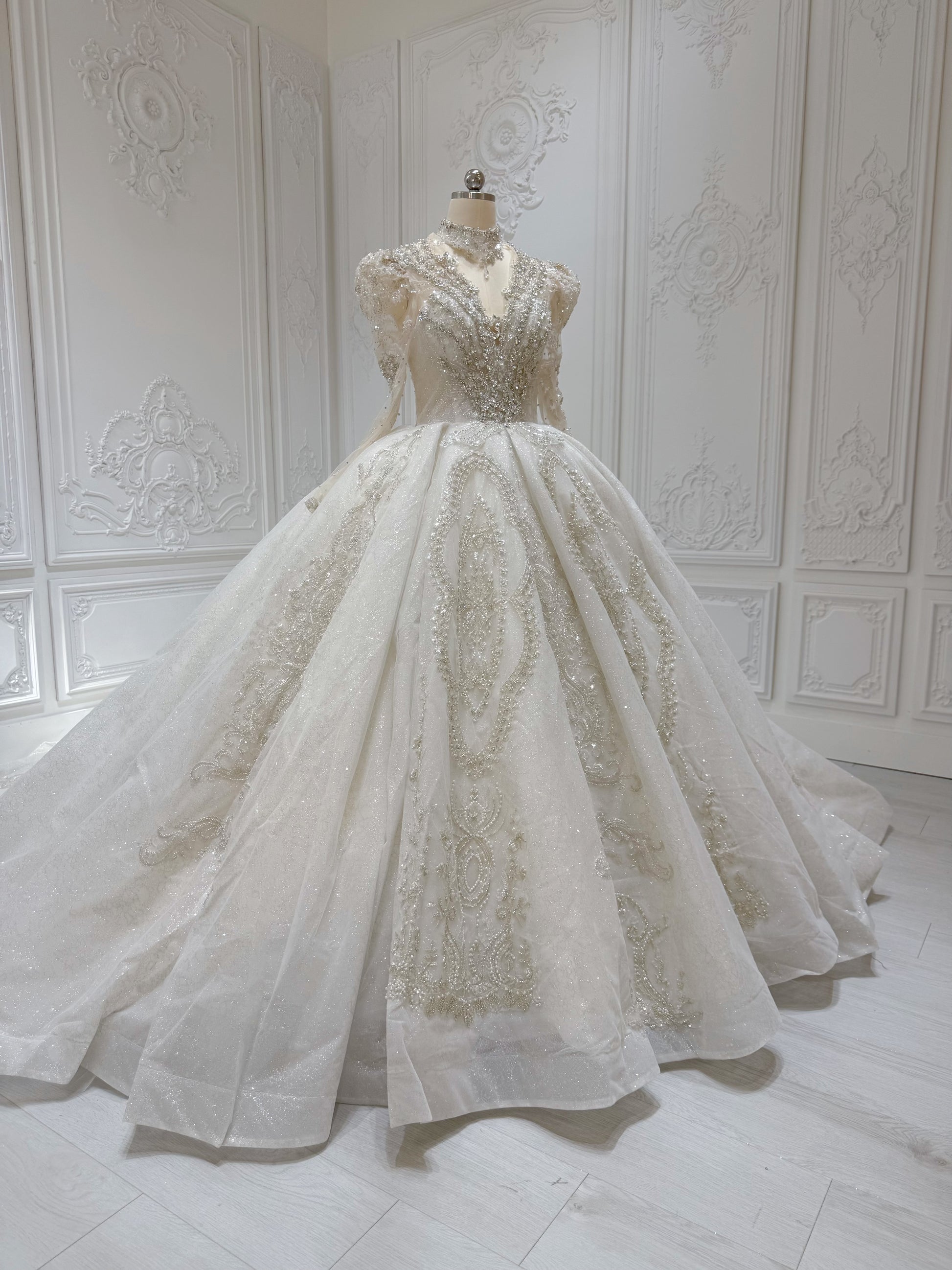 Stock Clearance! Bridal size 10! Luxury crystal beaded with beading lace long sleeve Victorian royal wedding dress with detachable neckpiece - Ting's Bridal Collection