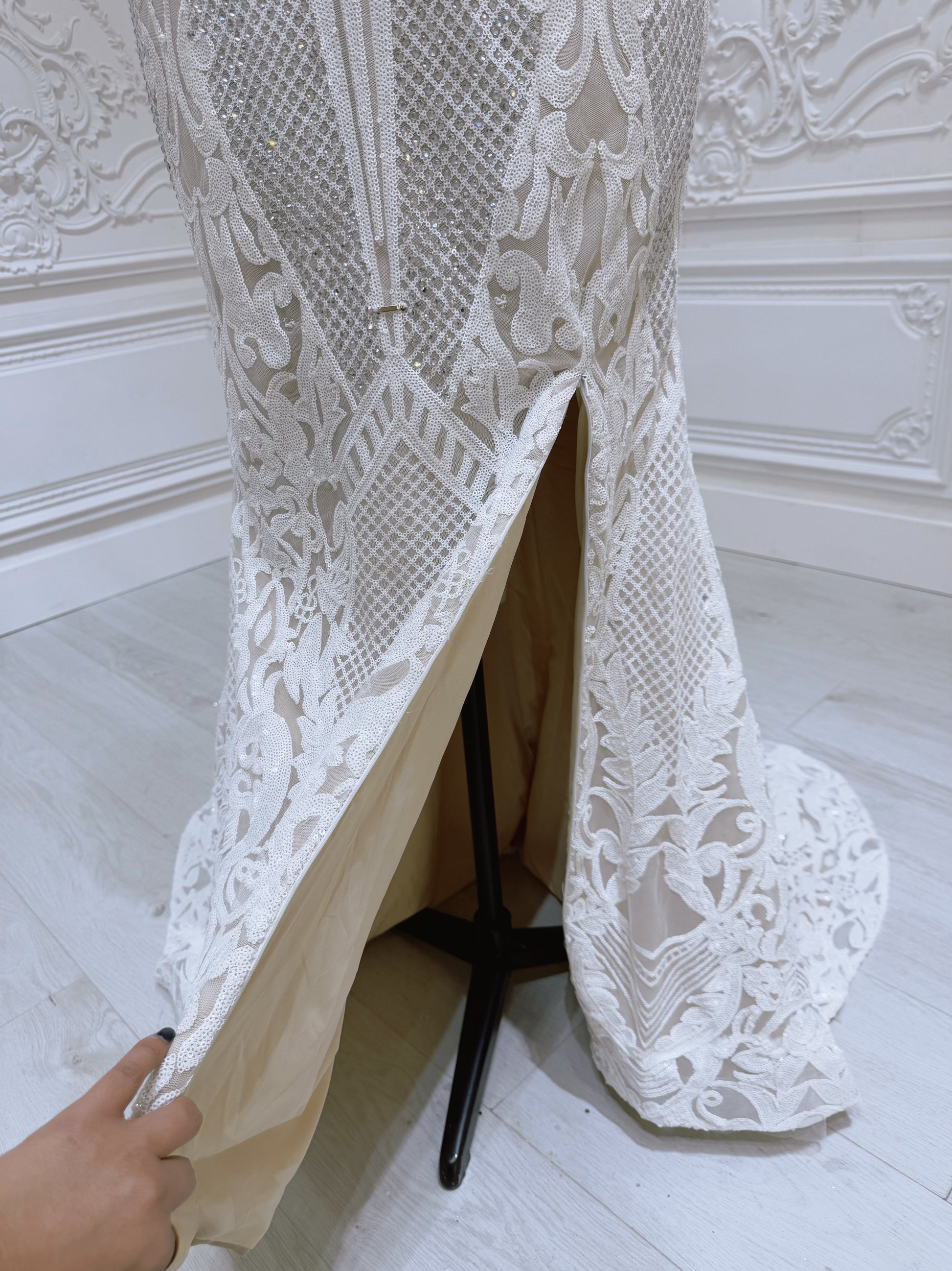 Stock Sale! Ivory crystal beaded fitting trumpet wedding dress with split - Ting's Bridal Collection