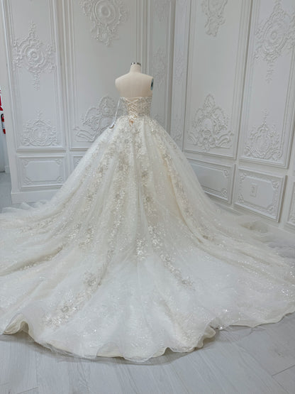 Stock Clearance! Bridal Size 12! Champagne color sparkling 3D floral lace princess ballgown fairy wedding dress with detachable cape - Ting's Bridal Collection