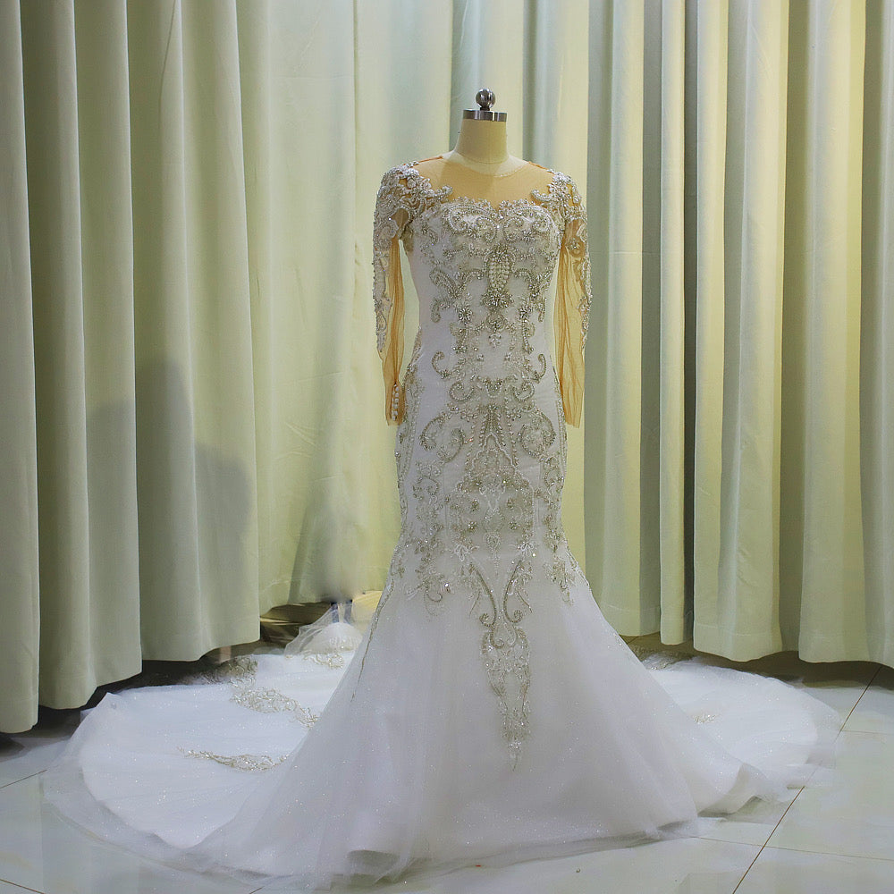 TBC-CM004  Custom-made luxury beading long sleeve 2 in 1 mermaid wedding dress with detachable skirt - Ting's Bridal Collection
