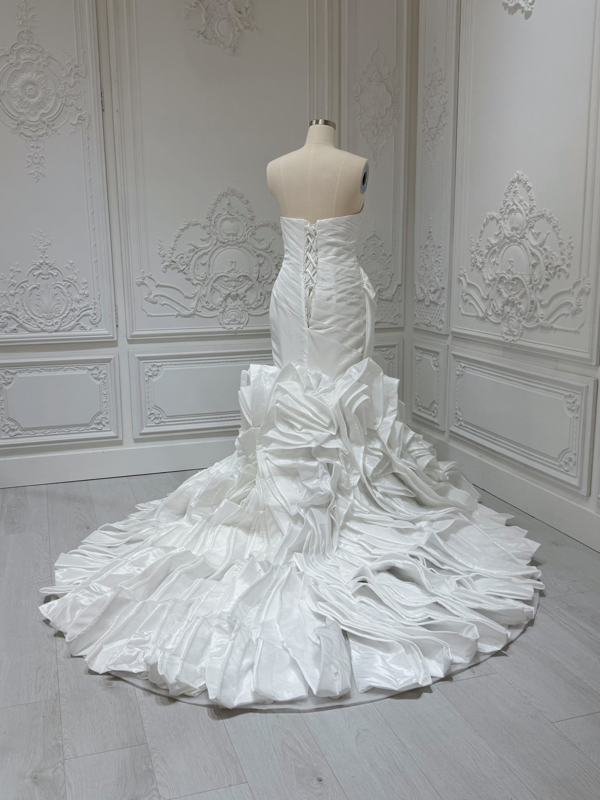 Stock clearance Bridal size 14! White satin pleated mermaid wedding dress with ruffled skirt - Ting's Bridal Collection