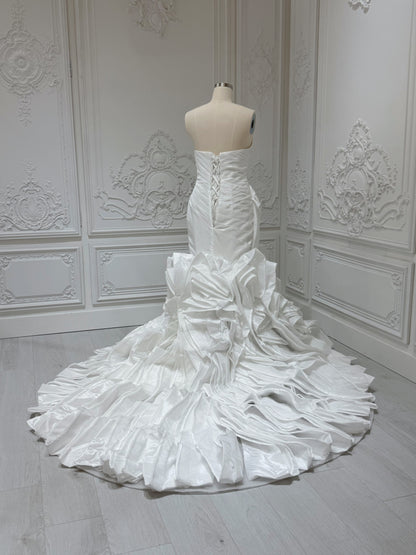 Stock clearance Bridal size 14! White satin pleated mermaid wedding dress with ruffled skirt - Ting's Bridal Collection