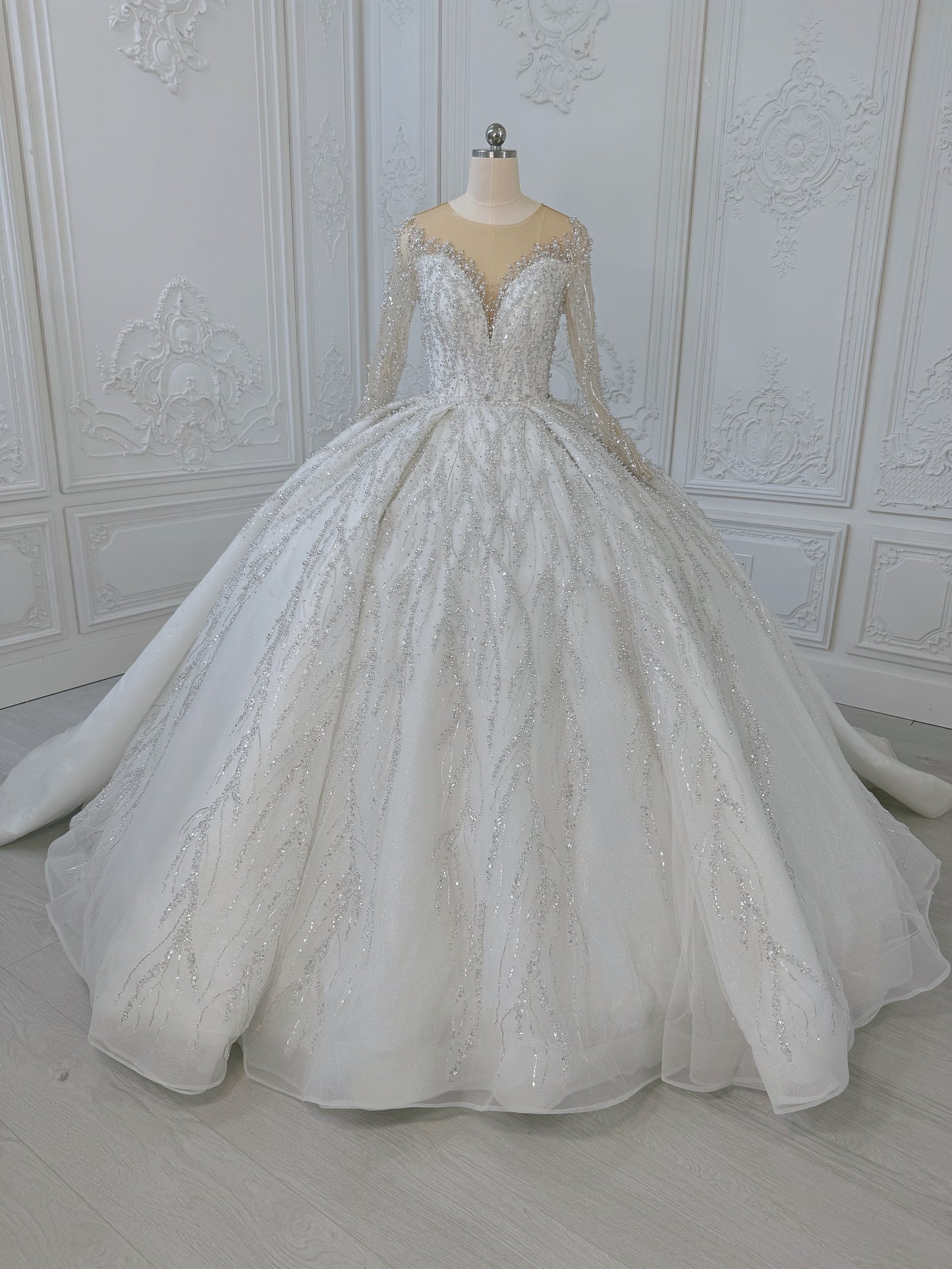 TMC-CM47 Custom-made luxury pearl with beading lace long sleeve 2 in 1 Ballgown&mermaid royal wedding dress - Ting's Bridal Collection