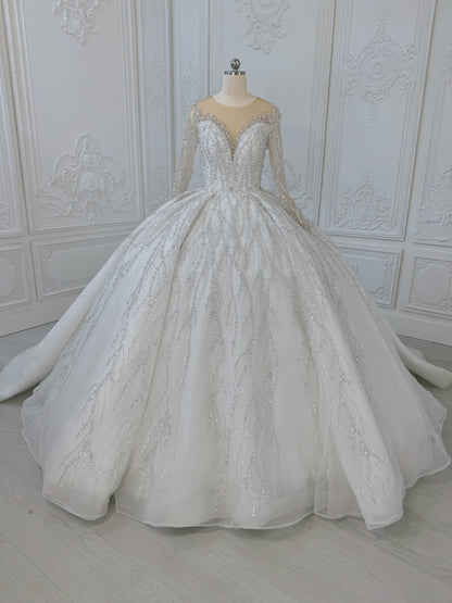 TMC-CM47 Custom-made luxury pearl with beading lace long sleeve 2 in 1 Ballgown&mermaid royal wedding dress - Ting's Bridal Collection