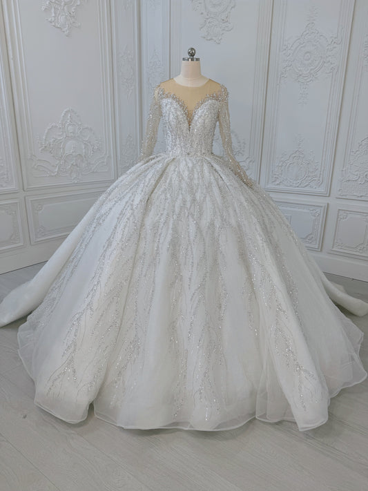 TMC-CM47 Custom-made luxury pearl with beading lace long sleeve 2 in 1 Ballgown&mermaid royal wedding dress - Ting's Bridal Collection
