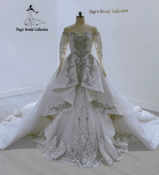 TBC-CM27 Custom-made Luxury crystal beaded off the shoulder 2 in 1 style mermaid wedding dress with detachable ruffled skirt - Ting's Bridal Collection