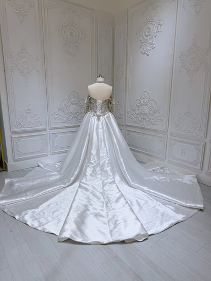 TBC-NZ2029 Stock of Luxury fully beaded off the shoulder mermaid wedding dress with detachable satin skirt. - Ting's Bridal Collection