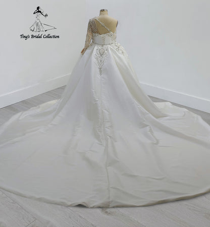 TBC-CM30 Custom-made luxury beading crossed one shoulder with long sleeve 2 in 1 style royal wedding dress with detachable skirt - Ting's Bridal Collection
