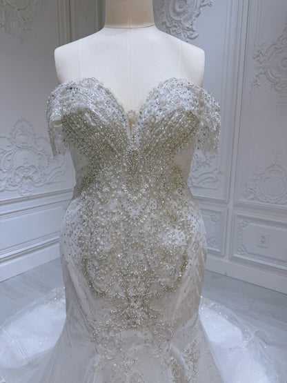 Stock clearance! Bridal size 16. Off white feather with beading lace bling mermaid wedding dress - Ting's Bridal Collection