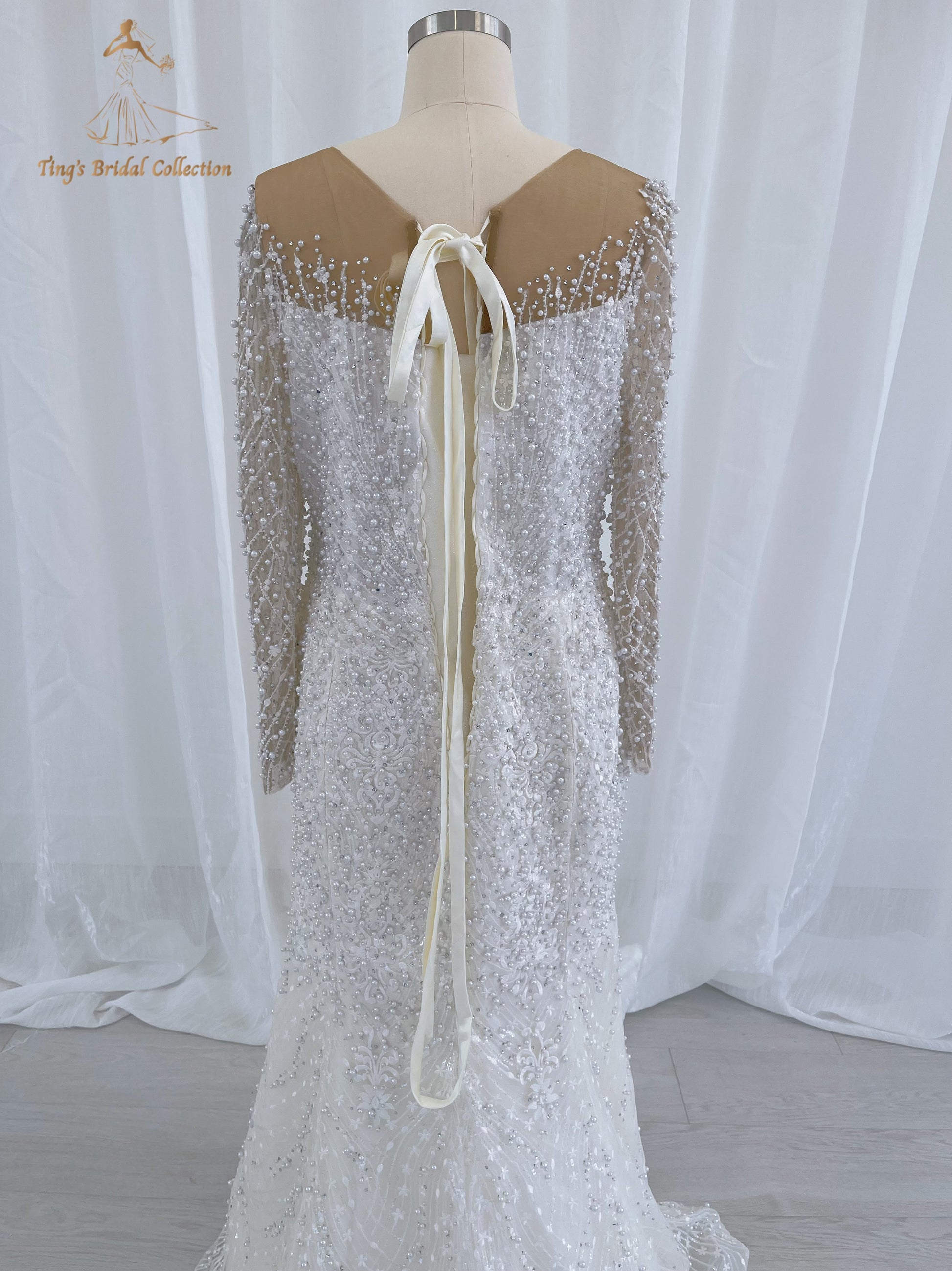 TBC-CM50 Custom-made Pearl with lace ivory long sleeve 2in1 mermaid with detachable skirt - Ting's Bridal Collection