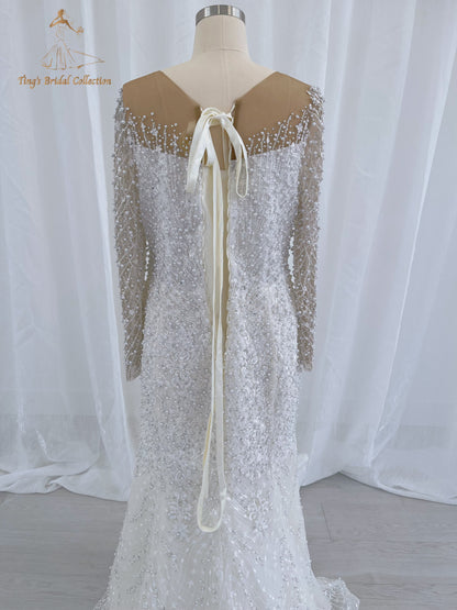 TBC-CM50 Custom-made Pearl with lace ivory long sleeve 2in1 mermaid with detachable skirt - Ting's Bridal Collection