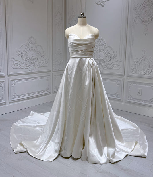TBC-ZA036 Custom-made pleated satin Aline wedding dress with slit skirt - Ting's Bridal Collection