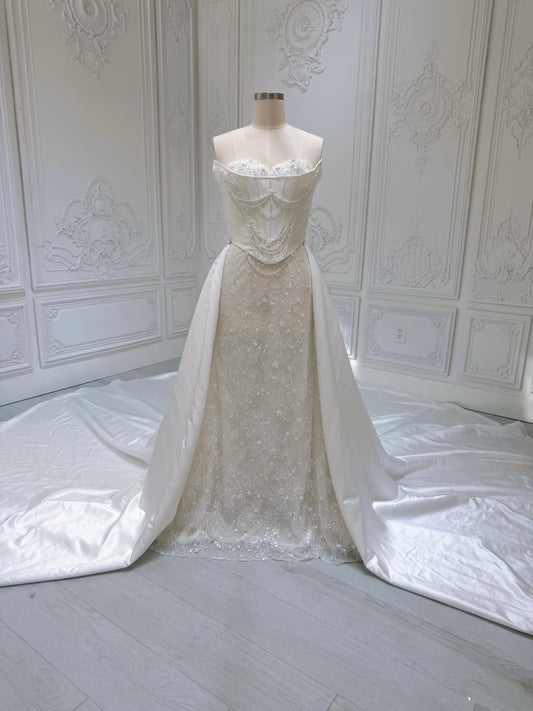 Stock of 2 in 1 mermaid wedding dress with detachable satin skirt - Ting's Bridal Collection