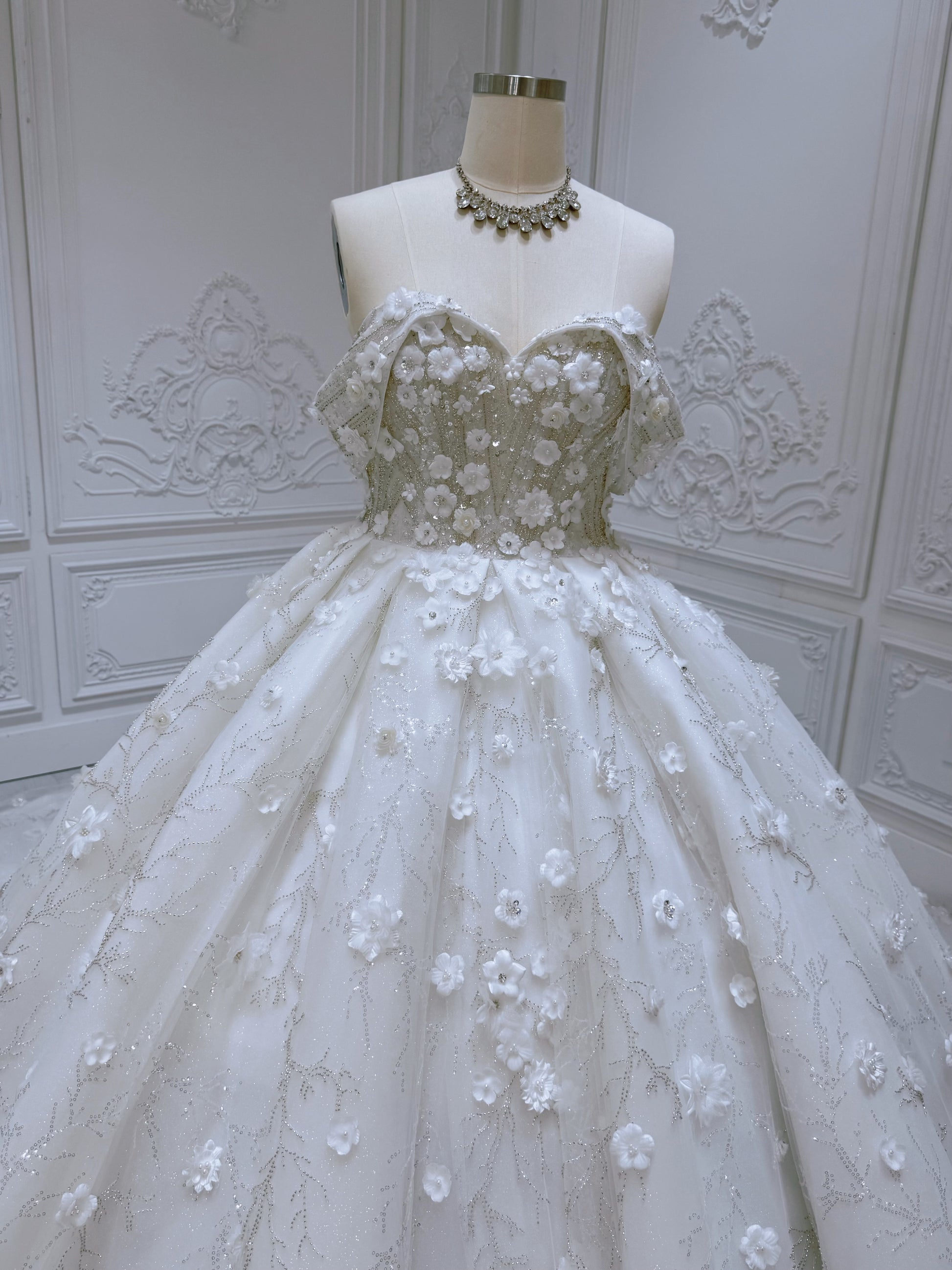 Stock Clearance! Bridal size 12! Custom-made beading with 3D floral off the shoulder princess ballgown fairy wedding dress - Ting's Bridal Collection