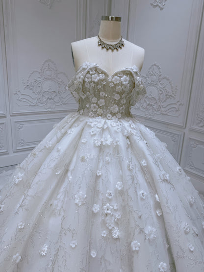 Stock Clearance! Bridal size 12! Custom-made beading with 3D floral off the shoulder princess ballgown fairy wedding dress - Ting's Bridal Collection