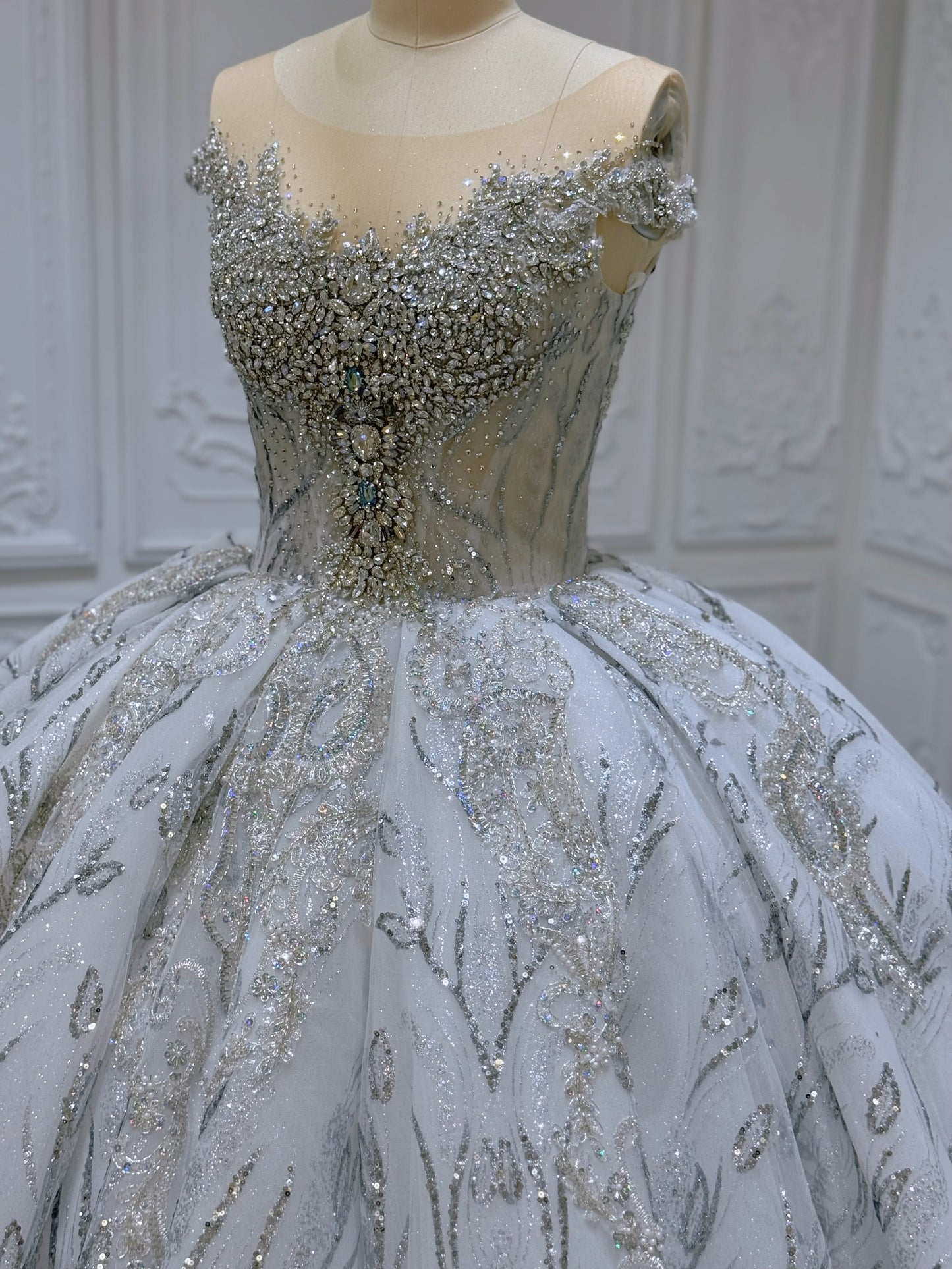 Stock Clearance! Bridal Size 10! Grey crystal beaded cap sleeve sparkling white&silver princess ballgown royal wedding dress - Ting's Bridal Collection