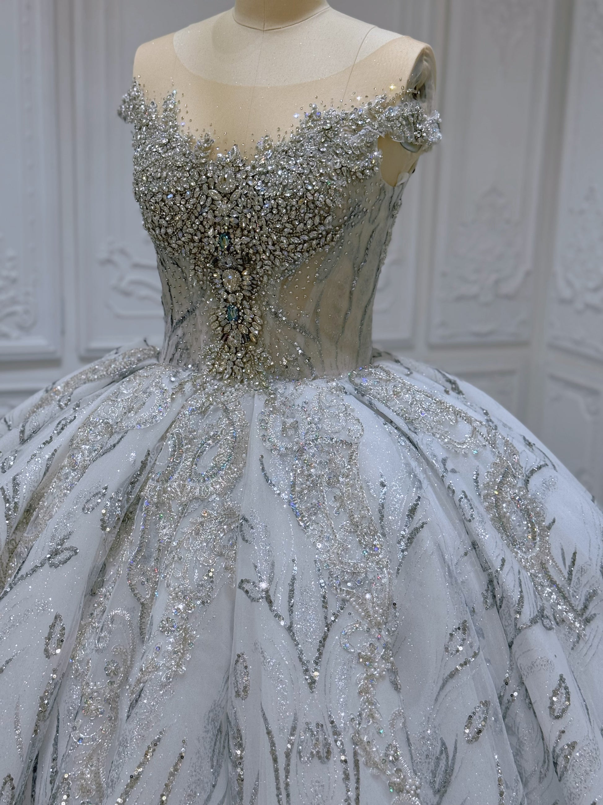 Stock Clearance! Bridal Size 10! Grey crystal beaded cap sleeve sparkling white&silver princess ballgown royal wedding dress - Ting's Bridal Collection