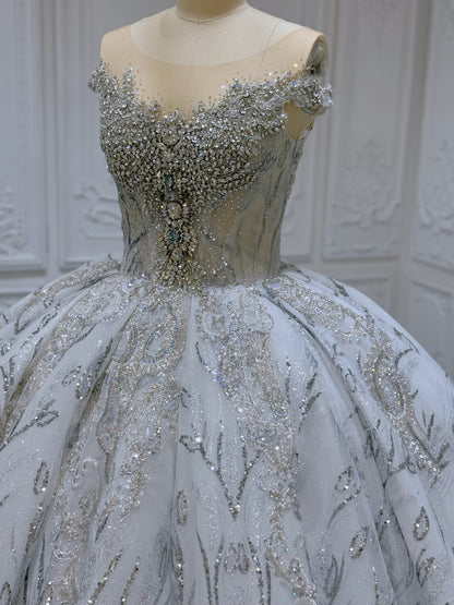Stock Clearance! Bridal Size 10! Grey crystal beaded cap sleeve sparkling white&silver princess ballgown royal wedding dress - Ting's Bridal Collection
