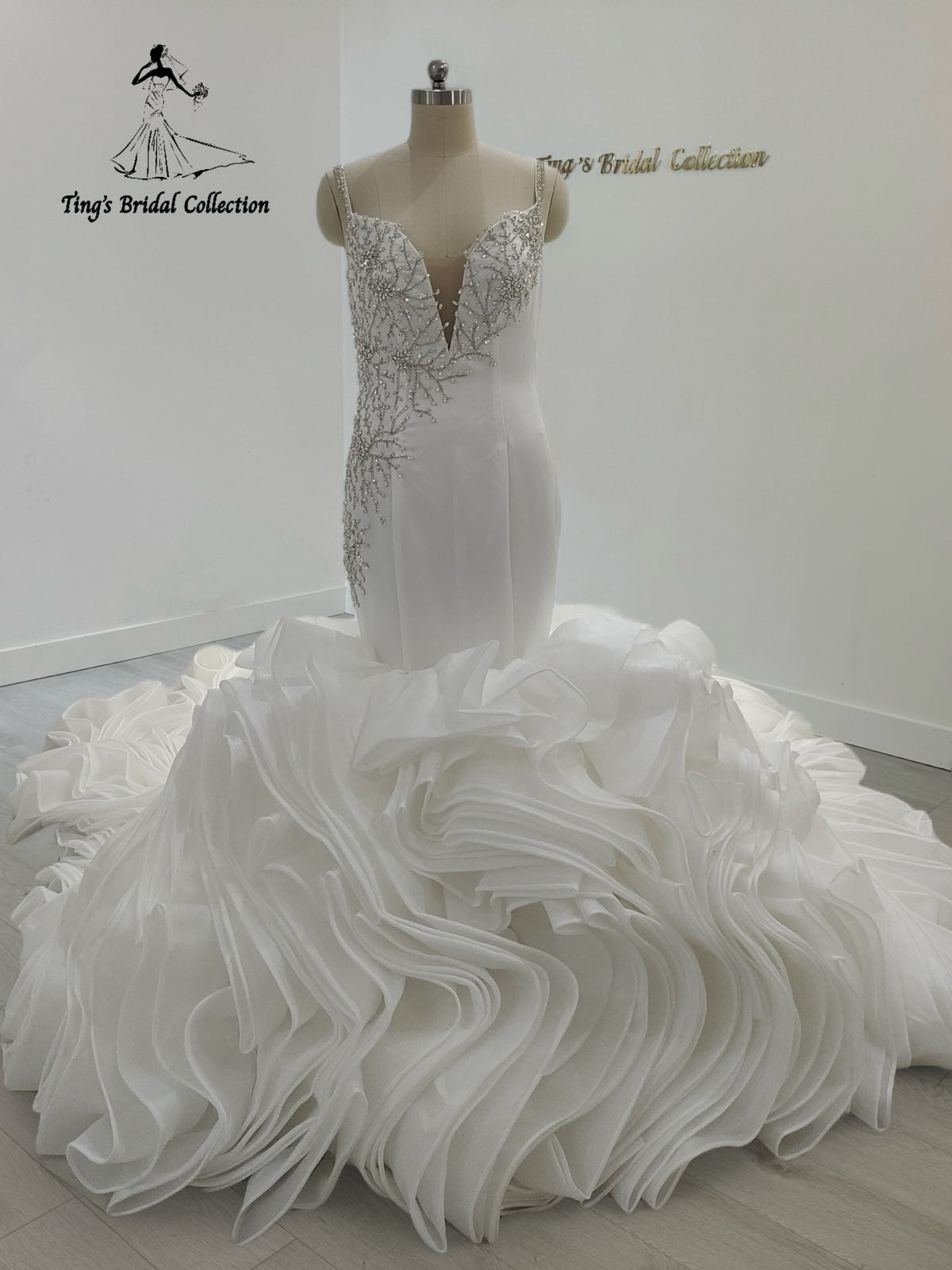 TBC-JM063 Custom-made luxury beading sparkling long sleeve mermaid royal wedding dress with ruffle skirt - Ting's Bridal Collection