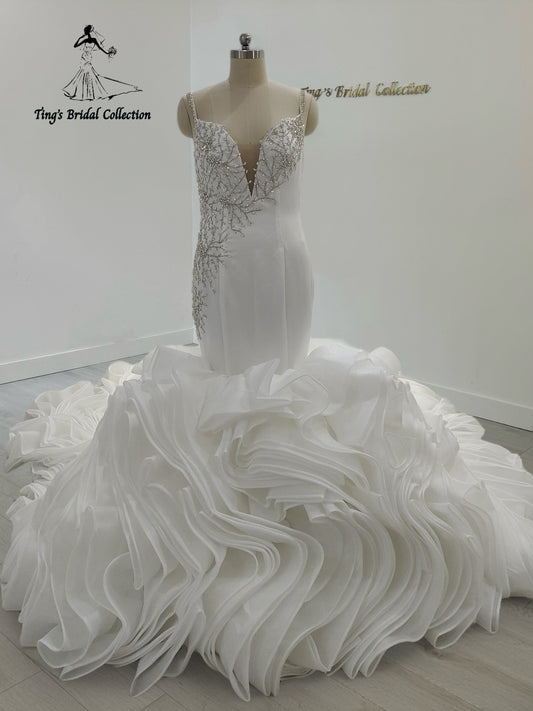 TBC-JM063 Custom-made luxury beading sparkling long sleeve mermaid royal wedding dress with ruffle skirt - Ting's Bridal Collection