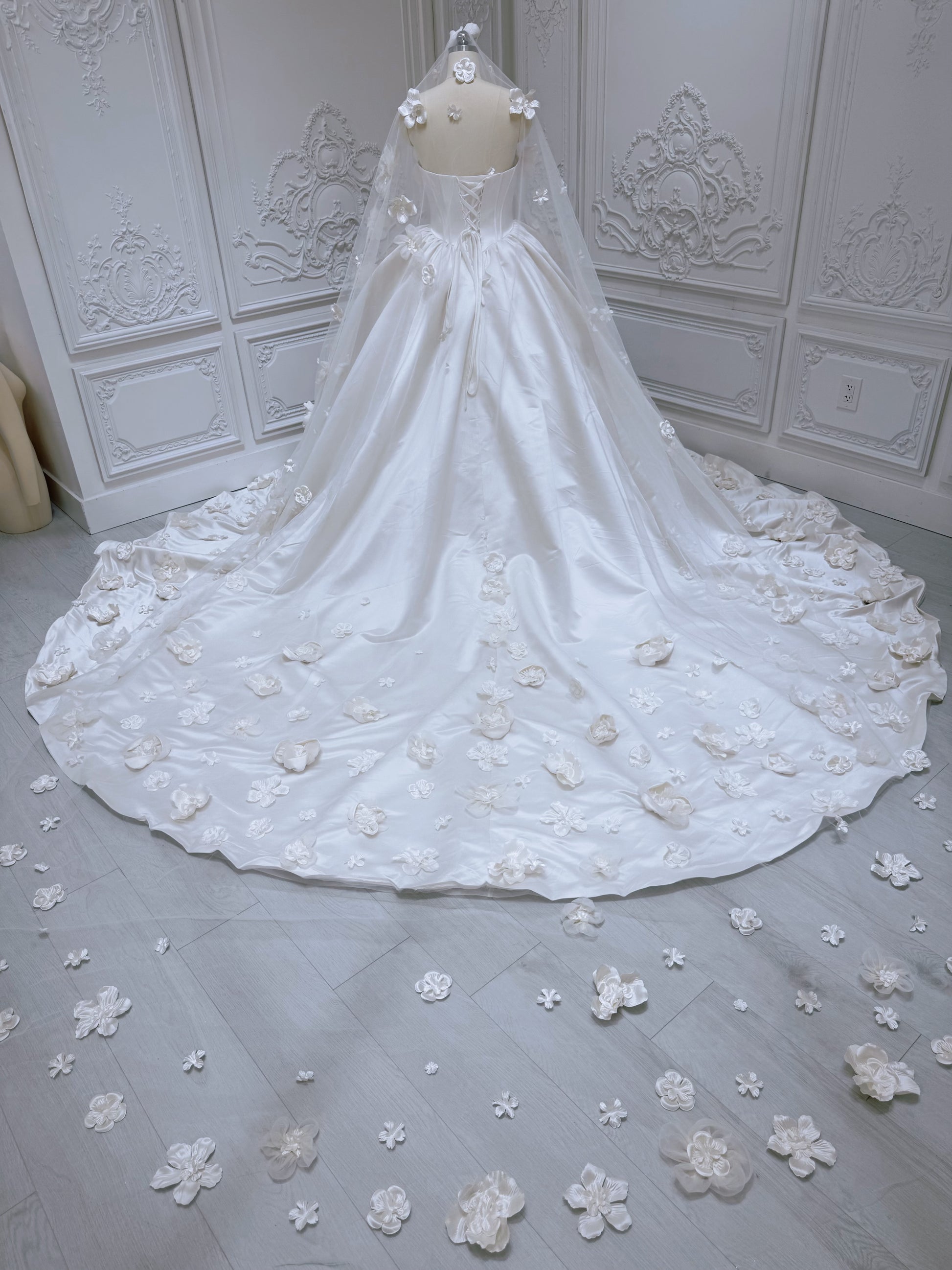 Custom-made sand color 3D floral satin princess ballgown fairy wedding dress - Ting's Bridal Collection