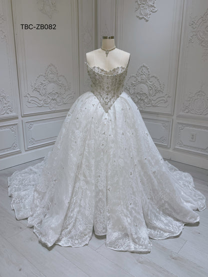 TBC-ZB082 Stock of rhinestone beaded strapless lace ballgown wedding dress - Ting's Bridal Collection