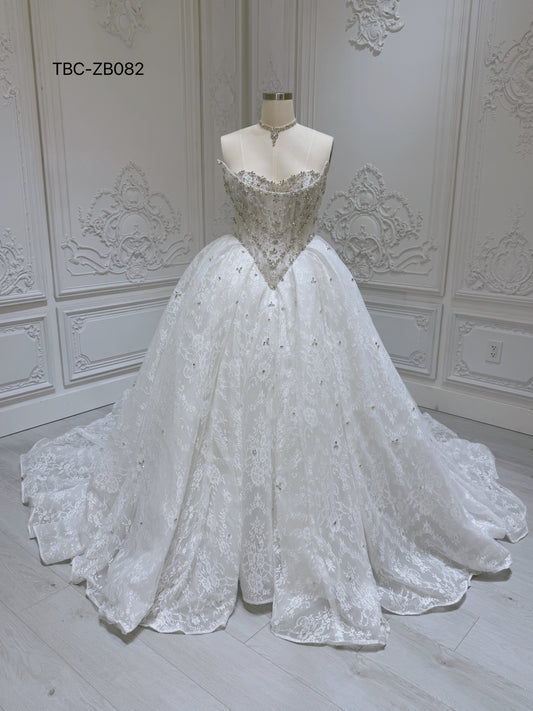 TBC-ZB082 Stock of rhinestone beaded strapless lace ballgown wedding dress - Ting's Bridal Collection