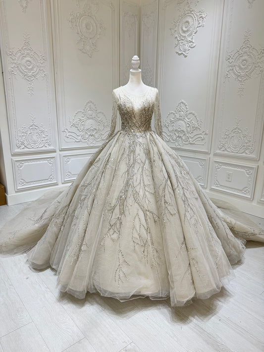Stock clearance! Floor sample size 2. Gray color vines lace beading ballgown wedding dress(Not suitable for wedding,only recommended for photos) - Ting's Bridal Collection