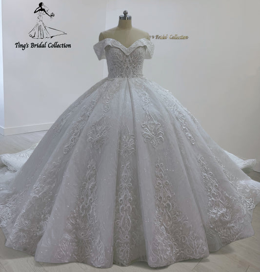 TBC-CM32 Custom-made 3D lace embroidered off the shoulder princess ballgown royal wedding dress - Ting's Bridal Collection