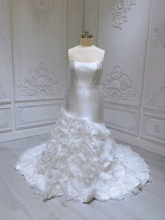 TBC-FM065 Stock of white satin mermaid wedding dress with 3D floral skirt - Ting's Bridal Collection