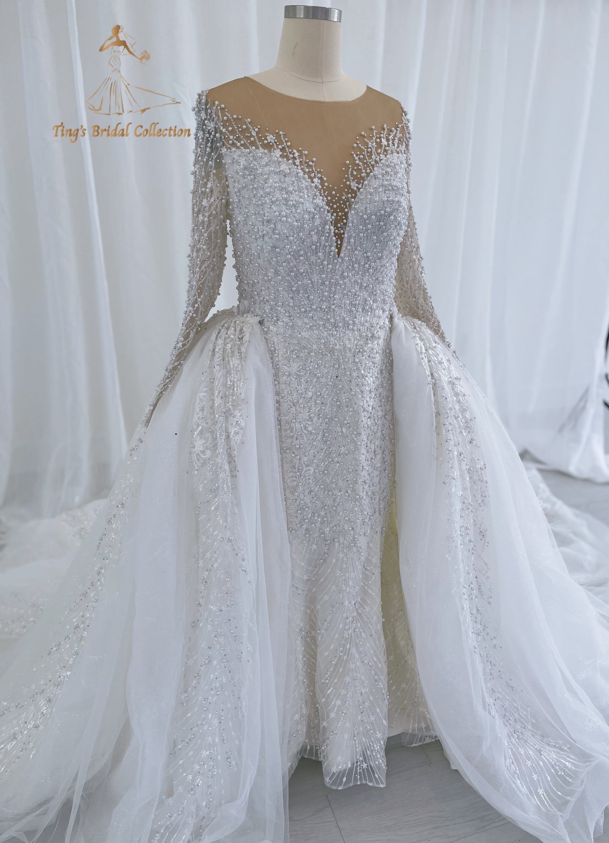 TBC-CM50 Custom-made Pearl with lace ivory long sleeve 2in1 mermaid with detachable skirt - Ting's Bridal Collection