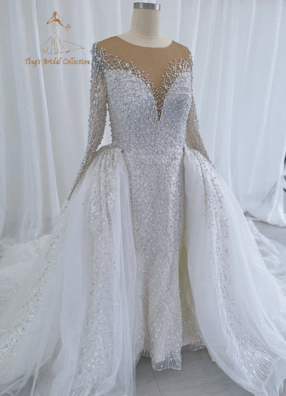 TBC-CM50 Custom-made Pearl with lace ivory long sleeve 2in1 mermaid with detachable skirt - Ting's Bridal Collection