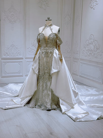 TBC-NZ2029 Stock of Luxury fully beaded off the shoulder mermaid wedding dress with detachable satin skirt. - Ting's Bridal Collection